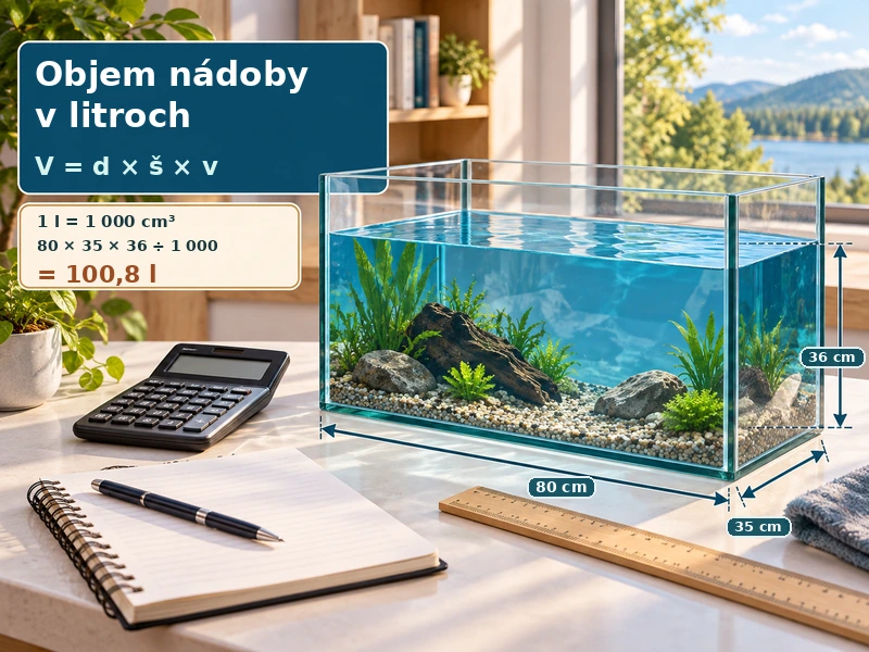 Akvárium s rozmermi 80 × 35 × 36 cm a výpočtom objemu 100,8 litra.